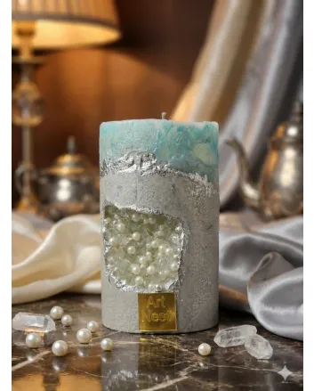 Coastal Ocean Pearl Geode Pillar Candle - Handmade Beach-Inspired Resin Art Scented Candle