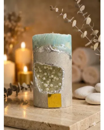Coastal Ocean Pearl Geode Pillar Candle - Handmade Beach-Inspired Resin Art Scented Candle