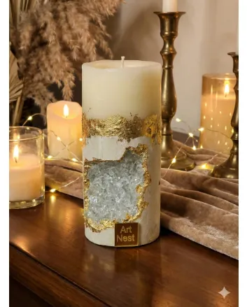Elegant White & Gold Crystal Geode Pillar Candle - Handmade Luxury Resin Art Scented Candle