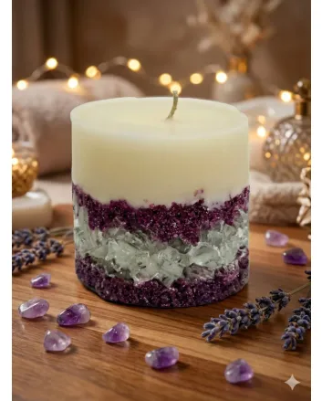 Enchanted Lavender Amethyst Crystal Geode Pillar Candle - Handmade Purple Cream Scented Candle