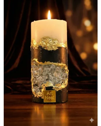Luxury Crystal Geode Pillar Candle - Handmade Black & Gold Resin Art Scented Candle