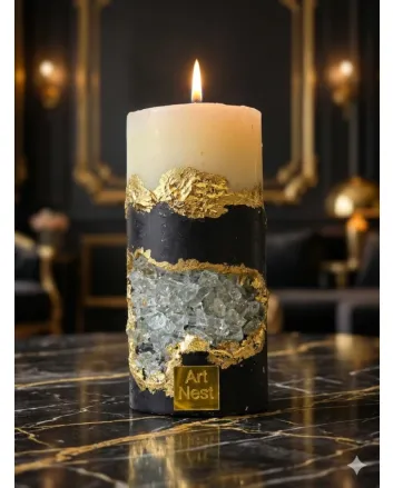Luxury Crystal Geode Pillar Candle - Handmade Black &amp; Gold Resin Art Scented Candle