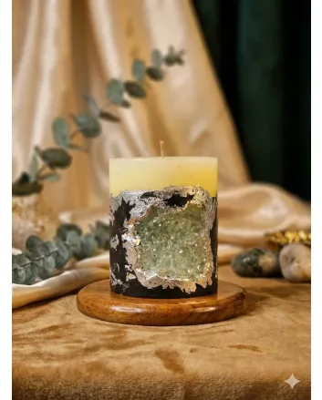 Radiant Sunshine Crystal Geode Pillar Candle - Handmade Yellow Black & Silver Resin Art Scented Candle