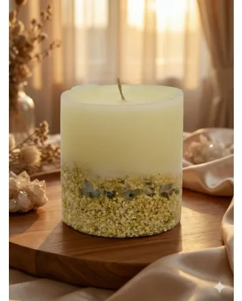 Serenity Vanilla Crystal Geode Pillar Candle - Handmade Cream Gold Green Crystal Scented Candle